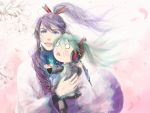  1girl carrying cherry_blossoms chibi couple detached_sleeves flower gomoku hachune_miku hair headphones kamui_gakupo long_hair purple vocaloid 