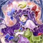  barefoot blush book bow crescent crescent_moon hair_bow hat long_hair lowres nanashii_(soregasisan) open_mouth patchouli_knowledge purple_eyes purple_hair smile solo touhou 