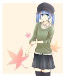  akisa alternate_costume black_legwear black_thighhighs blue_eyes blue_hair cabbie_hat casual contemporary hair_bobbles hair_ornament hat kawashiro_nitori leaf short_hair skirt sleeves_pushed_up sleeves_rolled_up smile solo sweater thigh-highs thighhighs touhou twintails zettai_ryouiki 