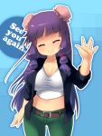  belt blueberry_(5959) breasts cleavage closed_eyes contemporary curvy double_bun highres large_breasts long_hair midriff navel patchouli_knowledge purple_hair smile solo touhou waving 