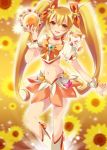  blonde_hair cure_sunshine floral_background heartcatch_precure! highres hoe_satsuki instrument magical_girl myoudouin_itsuki orange_(color) orange_dress potpourri_(heartcatch_precure!) precure satsuki_(artist) shiny_tambourine tambourine twintails yellow_background 