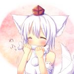  animal_ears bad_id bare_shoulders blush closed_eyes detached_sleeves happy hat hina_hina inubashiri_momiji short_hair silver_hair solo tail tail_wagging tokin_hat touhou wolf_ears wolf_tail 