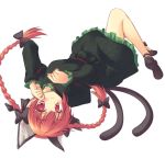  bow braid cat_ears cat_tail extra_ears hair_bow kaenbyou_rin looking_at_viewer lying multiple_tails nanashi_(soregashi) no_socks on_back paw_pose red_eyes red_hair redhead simple_background tail touhou twin_braids twintails upside-down 