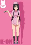  black_eyes black_hair blush cosplay dress_tug highres k-on! legs long_hair nurse shy solo syringe 