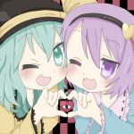  2girls :3 checkered checkered_background green_hair hairband hat heart komeiji_koishi komeiji_satori kyun_(artist) lucky_star multiple_girls parody purple_hair reiuji_utsuho short_hair siblings sisters style_parody third_eye touhou violet_eyes wink 