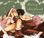  1girl black_hair christmas couple green_eyes haruno_sakura lowres naruto pink_hair uchiha_sasuke 