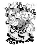  cat_ears cat_tail english fire halloween kaenbyou_rin kannazuki_hato mask monochrome multiple_tails pumpkin simple_background solo symbol-shaped_pupils tail touhou translated translation_request trick_or_treat 