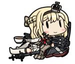  0_0 1girl bamomon blonde_hair braid chibi commentary_request crown cup fairy_(kantai_collection) french_braid hairband holding holding_cup kantai_collection long_hair lowres mini_crown solo warspite_(kantai_collection) white_legwear 