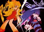  :p blonde_hair blue_eyes blue_hair dress earrings highres jewelry kitano_yuusuke long_hair multiple_girls official_style panty_&amp;_stocking_with_garterbelt panty_(character) panty_(psg) povky stocking_(character) stocking_(psg) striped striped_legwear striped_thighhighs thigh-highs thighhighs tongue 