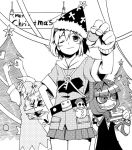  3girls :t belt cake christmas christmas_tree cirno eating english food frown hair_bobbles hair_ornament hat kagiyama_hina kannazuki_hato kawashiro_nitori key merry_christmas miniskirt monochrome multiple_girls ringed_eyes santa_hat short_hair simple_background skirt snowman star touhou tree wink 