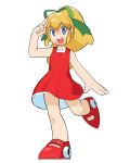  1girl :d bare_shoulders blonde_hair blue_eyes dress firstw1 hair_ribbon open_mouth ponytail ribbon rockman rockman_(classic) roll shoes sleeveless smile solo teeth two-finger_salute white_background 