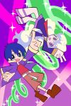  belt blue_hair blush_stickers dress happy jacket kinzou_(2828) multicolored_hair nia_teppelin panty_&amp;_stocking_with_garterbelt pointing simon tengen_toppa_gurren_lagann two-tone_hair upside-down v 