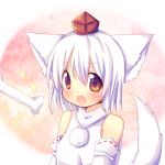  animal_ears bad_id bare_shoulders blush bone detached_sleeves hat hina_hina inubashiri_momiji open_mouth red_eyes short_hair silver_hair solo sparkle tail tokin_hat touhou wolf_ears wolf_tail 
