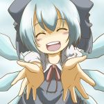  :d aa_nin blush bow cirno closed_eyes foreshortening hair_bow no_nose open_mouth outstretched_arms outstretched_hand short_hair silver_hair smile touhou wings 