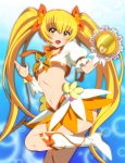  blonde_hair blue_background boots breasts cure_sunshine hair_ribbon heart heartcatch_precure! instrument kyoku_tou long_hair magical_girl midriff myoudouin_itsuki navel open_mouth orange_dress precure ribbon shiny_tambourine skirt solo tambourine twintails under_boob underboob yellow_eyes 