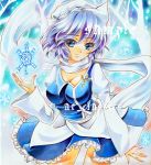  blue_eyes blue_hair cleavage dress frilled_dress frills hat large_breasts letty_whiterock marker_(medium) sample short_hair snowflake snowflakes touhou traditional_media 