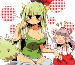  adomi bad_id blood blush bottomless breasts cleavage ex-keine fujiwara_no_mokou green_hair hair_flip hat horns kamishirasawa_keine large_breasts long_hair messy_hair multiple_girls no_pants nosebleed panties red_eyes silver_hair sleepy striped striped_panties tail touhou underwear 