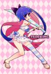  blue_eyes blue_hair bow hair_bow high_heels long_hair midriff nail_polish navel panty_&amp;_stocking_with_garterbelt ruru_(lamourouge) sandals shoes single_thighhigh single_tighhigh skirt solo stocking_(character) stocking_(psg) striped striped_legwear striped_thighhighs sword thigh-highs thighhighs weapon 