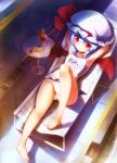  barefoot bat_wings blue_hair colored_eyelashes drink hat lounge_chair lying on_back one-piece_swimsuit red_eyes remilia_scarlet school_swimsuit short_hair solo swimsuit table tahal taharu_kousuke touhou white_school_swimsuit wings 