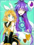  1girl age_difference artist_request blonde_hair blue_eyes bow couple headset kagamine_rin kamui_gakupo male purple_hair samurai smile vocaloid 