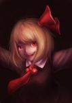  blonde_hair crazy_eyes fangs hair_ribbon kannazuki_(devilcode666) necktie outstretched_arms red_eyes ribbon rumia short_hair slit_pupils solo spread_arms touhou 