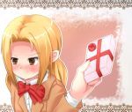 blonde_hair blush gift hagimura_suzu holding holding_gift midget school_uniform seitokai_yakuindomo twintails yasshy 
