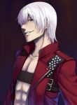  blue_eyes capcom dante devil_may_cry devil_may_cry_3 face grin hiroya_juuren male short_hair silver_hair simple_background smile solo zipper 