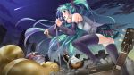  cityscape detached_sleeves green_eyes green_hair guitar hatsune_miku highres instrument long_hair masaki_kei microphone microphone_stand necktie night night_sky skirt sky solo thigh-highs thighhighs twintails very_long_hair vocaloid 