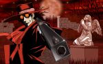  1boy alucard_(hellsing) bush bushes dead_tree gates gloves grass gun hat hellsing long_coat moon night pistol red_moon ribbon smile solo statue sunglasses trees wall weapon white_gloves 