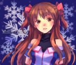  brown_eyes brown_hair bust character_request face hair_ribbon long_hair ogata_rina ribbon short_twintails sleeveless snowflakes solo turtleneck twintails white_album 