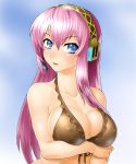  bikini bikini_top blue_eyes breast_hold breasts cleavage face frilled_bikini frills front-tie_top headset highres large_breasts long_hair megurine_luka onsoku_maru pink_hair project_diva solo swimsuit vocaloid 