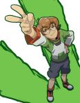  1girl absurdres brown_eyes brown_hair dated foreshortening full_body glasses hand_on_hip highres hyakujuu-ou_golion ishmaiah_dado pidge_gunderson reverse_trap shorts signature smile solo v voltron:_legendary_defender 