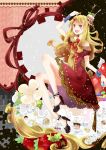  blonde_hair cake cake_hat cherry dress fang flower food food_as_clothes food_themed_clothes fruit hat high_heels highres long_hair open_mouth original pastry purple_eyes shoes solo tomoshibi_(vdn) violet_eyes 
