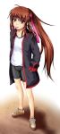  brown_hair gym_uniform hands_in_pockets headband highres ichirou jacket legs little_busters!! long_hair natsume_rin ponytail red_eyes tongue 