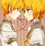  1girl bad_id blonde_hair blush brother_and_sister couple eye_contact heart heart_of_string kagamine_len kagamine_rin pocky profile short_hair siblings twins vocaloid wavy_mouth yuyupo 