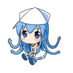  blue_eyes blue_hair blush chibi hat ikamusume minami_(colorful_palette) shinryaku!_ikamusume sitting solo tentacle_hair tentacles 