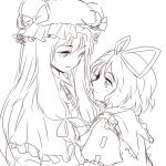  74_(teduka) bust face hat looking_down medicine_melancholy monochrome multiple_girls no_nose patchouli_knowledge ribbon sketch touhou 