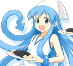  blue_eyes blue_hair bracelet hat ikamusume jewelry long_hair plate shinryaku!_ikamusume solo spaghetti squid_ink tentacle_hair tentacles toshiya 