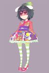  black_hair bunny_ears food_as_clothes food_themed_clothes green_legwear highres inaba_tewi inmu_(artist) japanese_clothes mary_janes pantyhose rabbit_ears red_eyes shoes short_hair striped striped_legwear striped_pantyhose touhou 