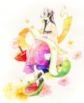  black_hair braid chick chicken flower fox_mask hakama japanese_clothes long_hair mask sandals scroll solo spinning_top top traditional_media twin_braids watercolor_(medium) yuufuushi 