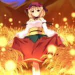  alternate_costume bare_shoulders blonde_hair breasts choker cleavage curtsey detached_sleeves dress grin hat looking_at_viewer mountain red_eyes saemon saemon_(tonpura) skirt skirt_lift smile sunset touhou wheat 