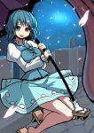  1girl bare_legs blue_eyes blue_hair blush cherry_blossoms geta heterochromia karakasa_obake long_sleeves red_eyes short_hair skirt smile solo sueyuu tatara_kogasa tongue touhou umbrella 