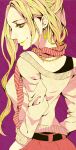  blonde_hair casual face highres minami_haruya original red_eyes scarf solo striped striped_scarf 