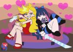  2girls bangles blonde_hair blue_eyes blue_hair couch dress earrings gun hair_ribbon hearts high_heels honekoneko long_hair multicolored_hair panty_&amp;_stocking_with_garterbelt panty_(character) pink_hair stocking_(character) sword two-tone_hair weapon 