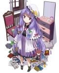  blush_stickers book bookmark brown_hair chair character_doll chest_of_drawers crescent crescent_moon doll expressionless gochou_(comedia80) hat koakuma long_hair o_o patchouli_knowledge pencil purple_eyes purple_hair robe socks solo standing star touhou violet_eyes window 