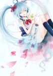  ahoge blue_hair bowtie closed_eyes clover flower four-leaf_clover hair_ribbon hatsune_miku issign kneehighs long_hair ribbon sitting skirt smile solo twintails very_long_hair vocaloid 