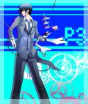  arisato_minato blue_eyes blue_hair bowtie butler cake card chain food formal gloves highres male persona persona_3 short_hair solo tea 