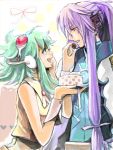 1girl age_difference artist_request candy couple feeding goggles goggles_on_head green_hair gumi happy headset kamui_gakupo male purple_hair samurai smile vocaloid 