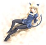  black_legwear black_pantyhose blonde_hair blush cat_ears glasses legs long_hair lying military military_uniform mushoku_no_hourousha panties panties_under_pantyhose pantyhose perrine_h_clostermann smile solo strike_witches tail underwear uniform yellow_eyes 