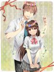  brother_and_sister brown_hair closed_eyes head_wreath height_difference highres little_busters!! long_hair natsume_kyousuke natsume_rin ponytail red_eyes sakamuke school_uniform short_hair siblings 